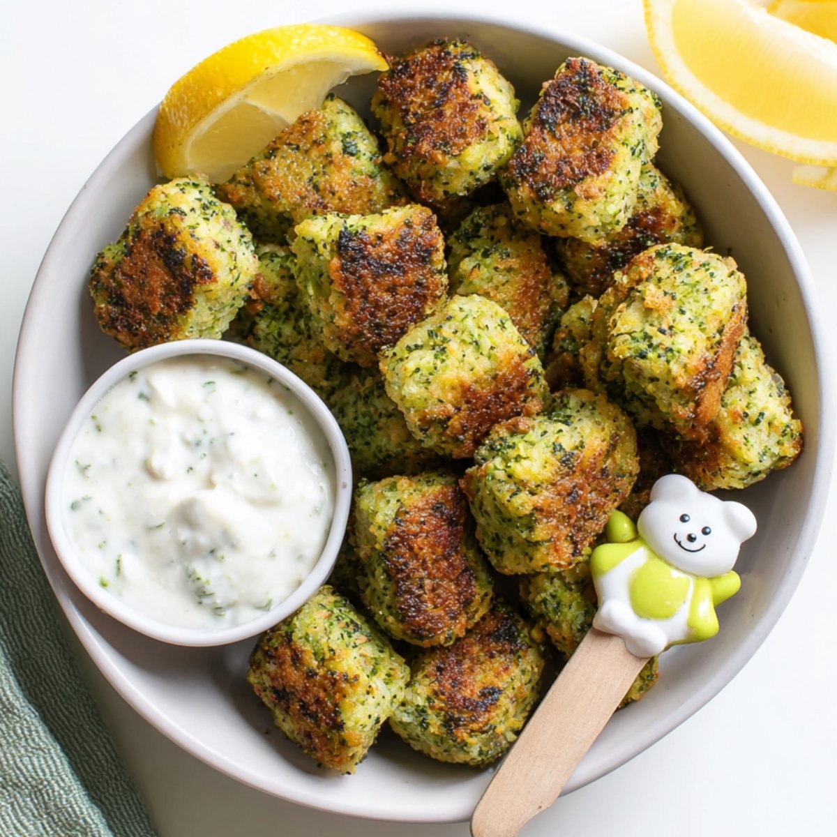 Golden-brown Broccoli Tots served with dipping sauce and lemon wedges.