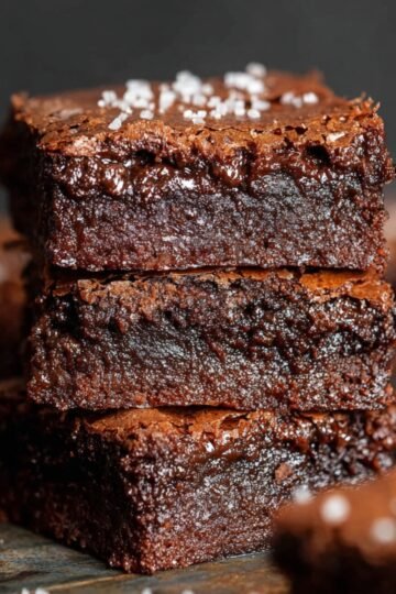 Easy Brown Butter Brownies 15 Image of stacked, gooey brown butter brownies with a sprinkle of sea salt.