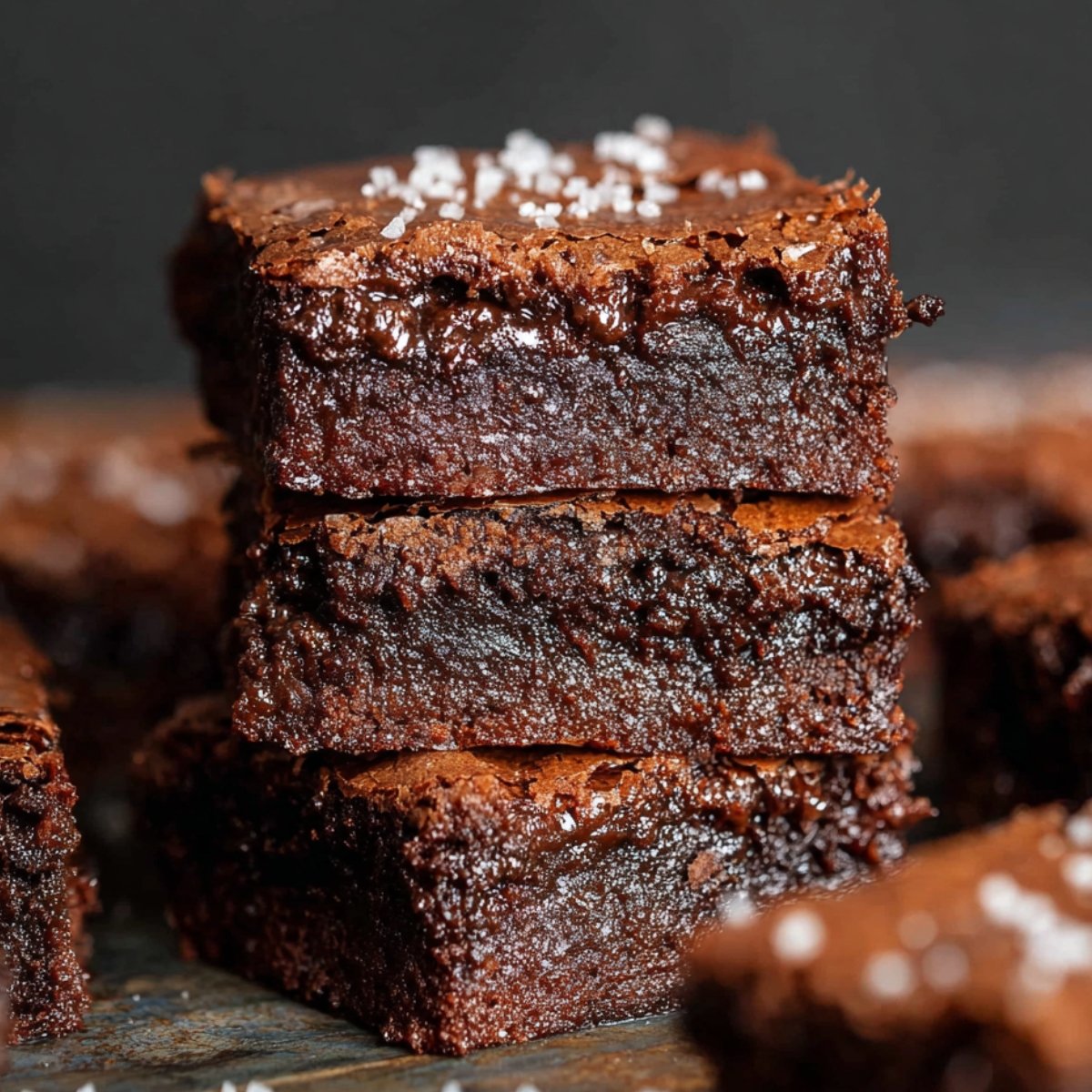 Image of stacked, gooey brown butter brownies with a sprinkle of sea salt.