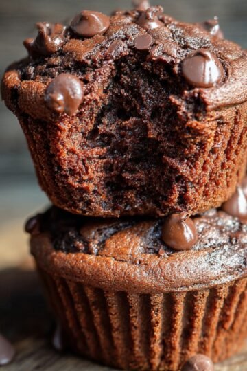 Easy Brownie Muffins Recipe 8 Stacked chocolate Brownie Muffins with chocolate chips