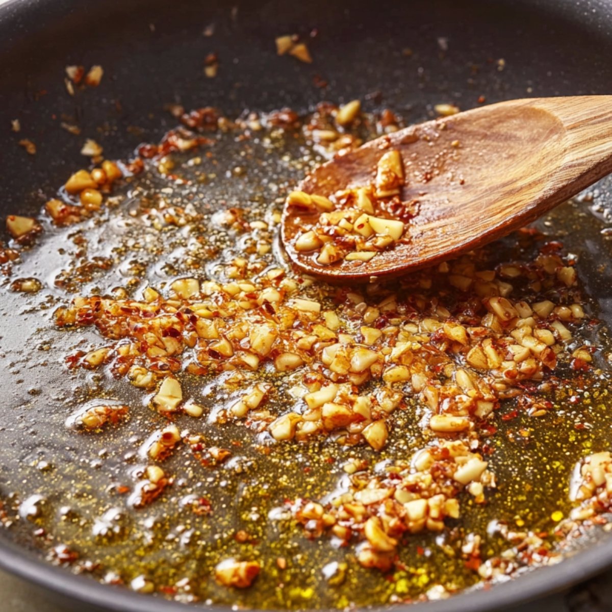 Easy Cowboy Butter Chicken Linguine 11 Garlic and spices sizzling in a pan.