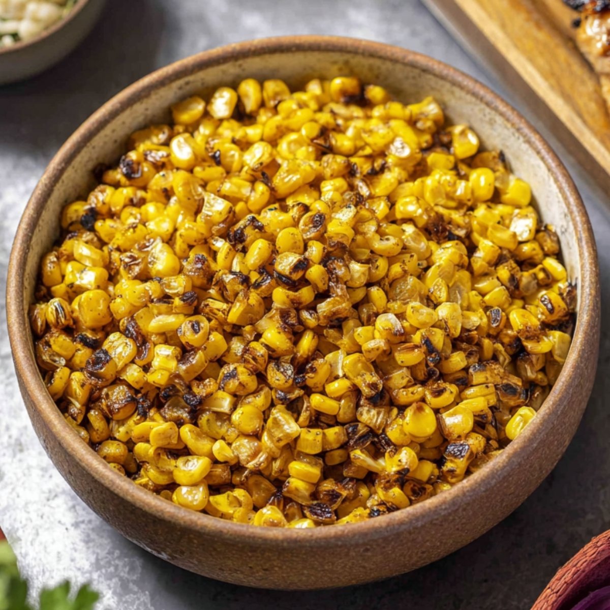 Easy Smoky Street Corn Chicken Bowls 11 Grilled corn kernels in a bowl.