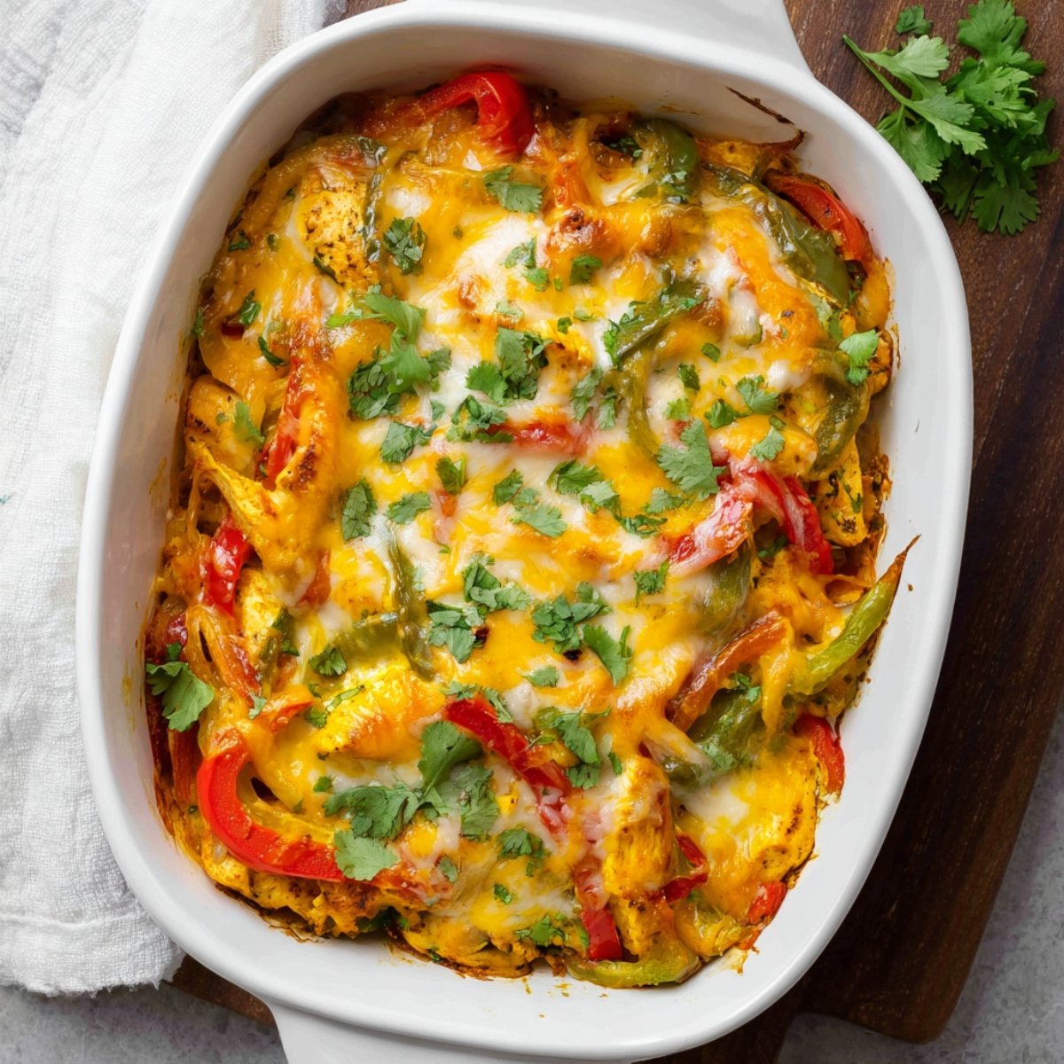 Baked chicken fajita casserole with cheese and peppers.