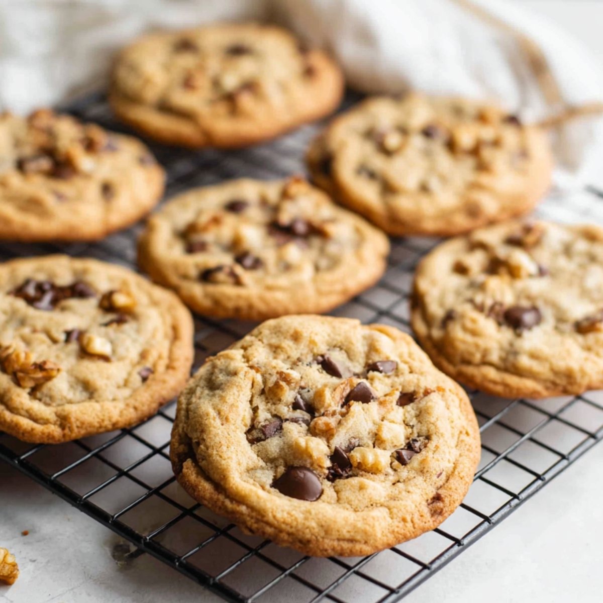 Freshly baked Chocolate Chip Walnut Cookies on a cooling rack.