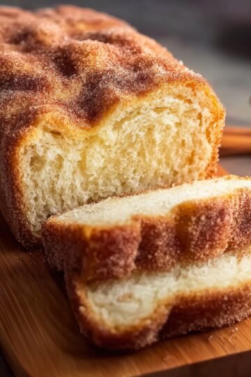 Easy Cinnamon Donut Bread 14 Sliced cinnamon sugar donut bread on a cutting board.