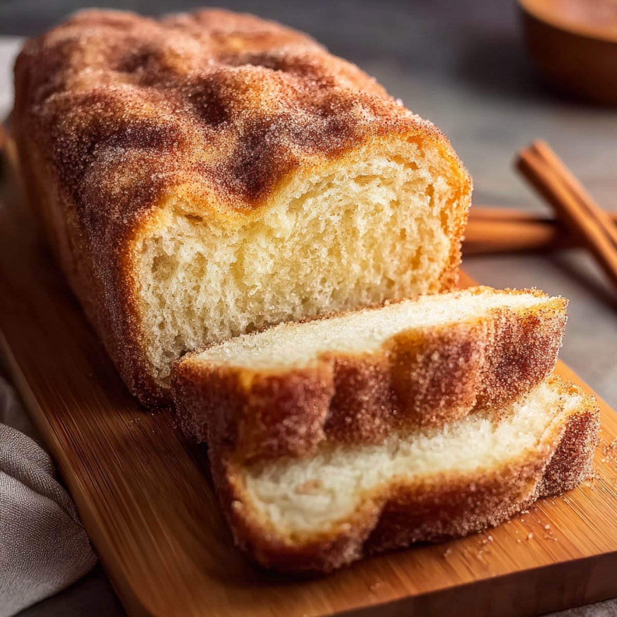 Sliced cinnamon sugar donut bread on a cutting board.