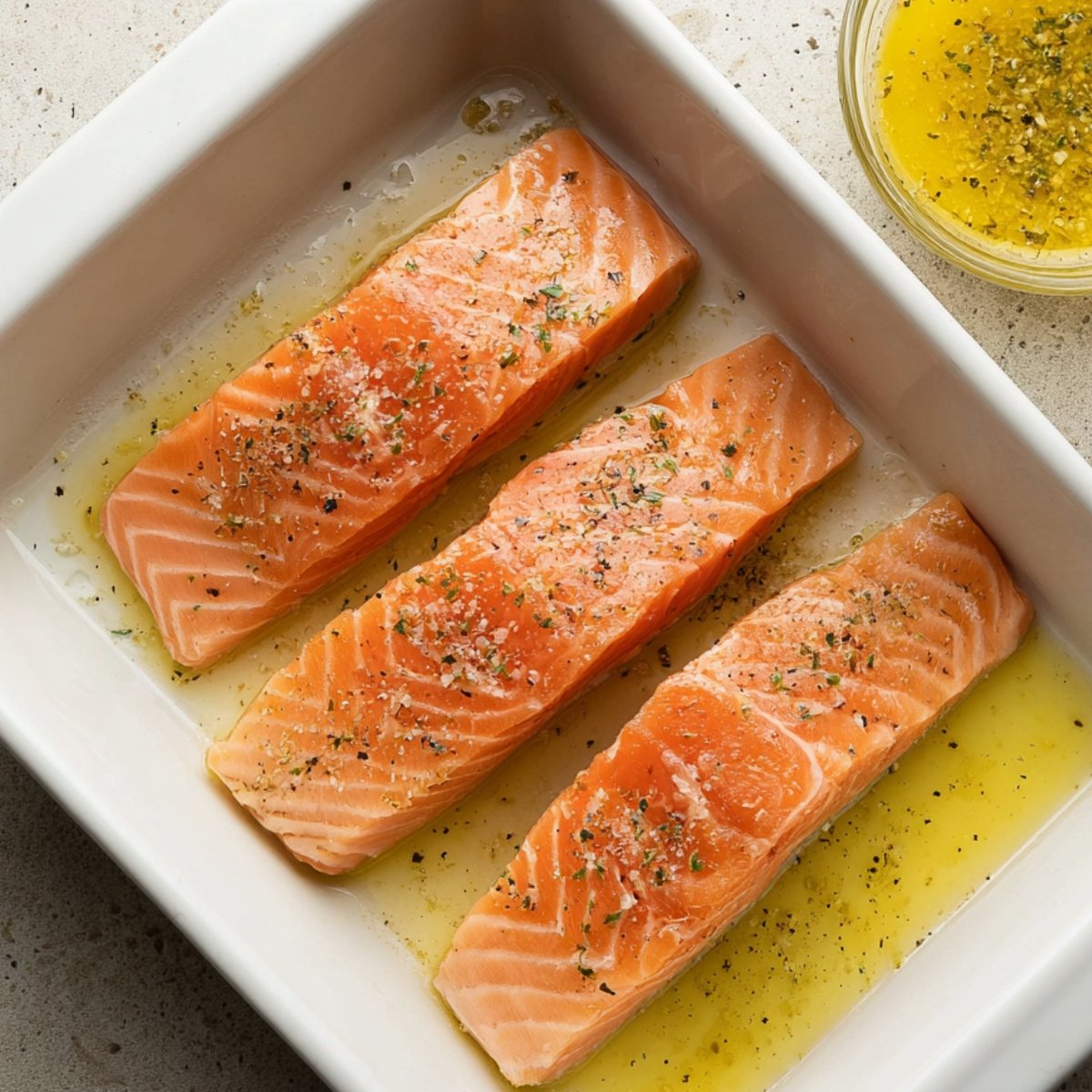Easy Baked Salmon with Lemon Butter Cream Sauce 10 Salmon fillets seasoned in a baking dish with lemon butter sauce.