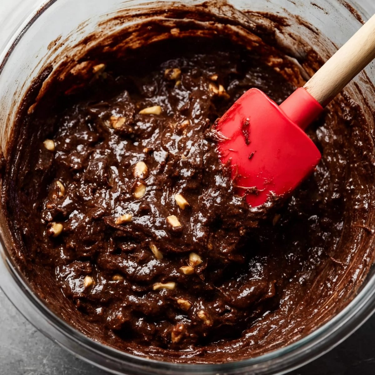 Best Double Chocolate Banana Bread 10 Mixing chocolate banana bread batter in a bowl with a red spatula