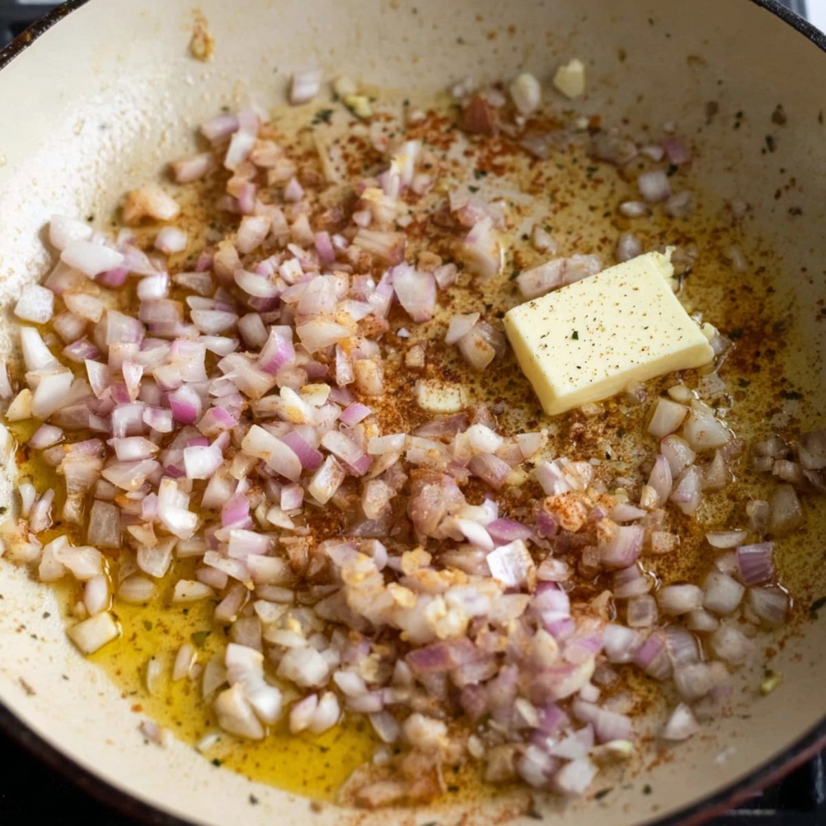 Easy Creamy Garlic Chicken Gnocchi Recipe 10 Diced onions and butter sautéing in pan.