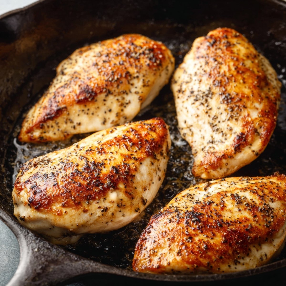 Easy Creamy Garlic Parmesan Chicken 10 Searing seasoned chicken breasts in a skillet.