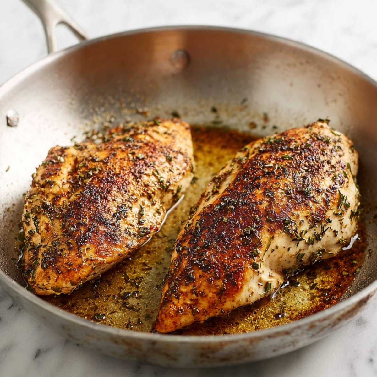 Easy Chicken Alfredo Pasta Recipe 10 Seasoned chicken breasts cooking in a skillet.