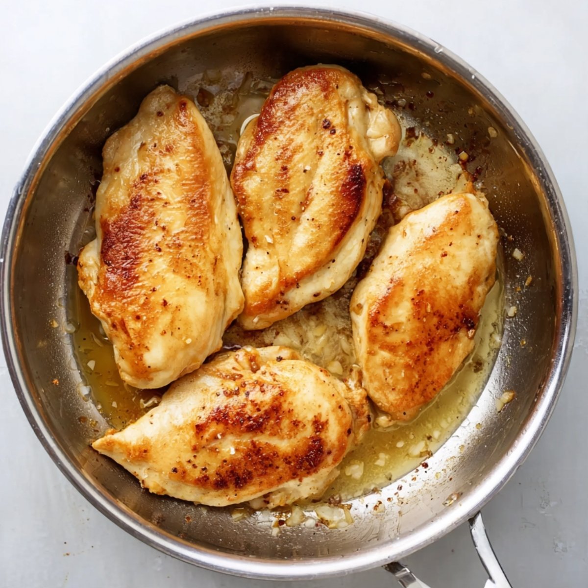 Easy Alice Springs Chicken Recipe 11 olden-browned chicken breasts cooking in a skillet.