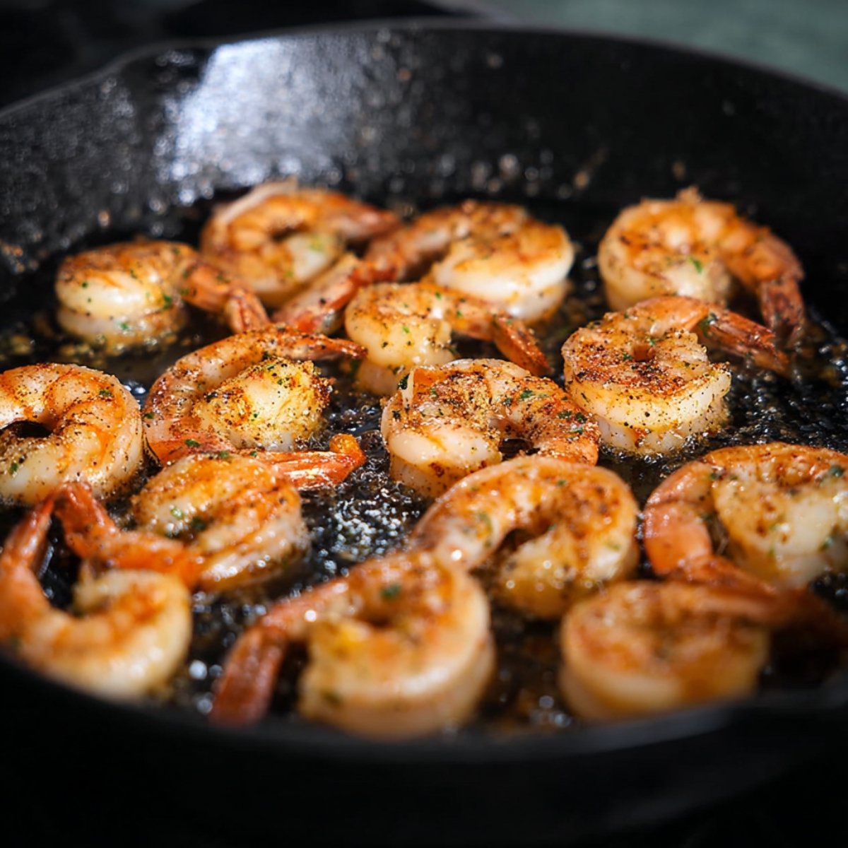 Easy Shrimp and Creamed Corn 10 Seasoned shrimp cooking in a skillet.