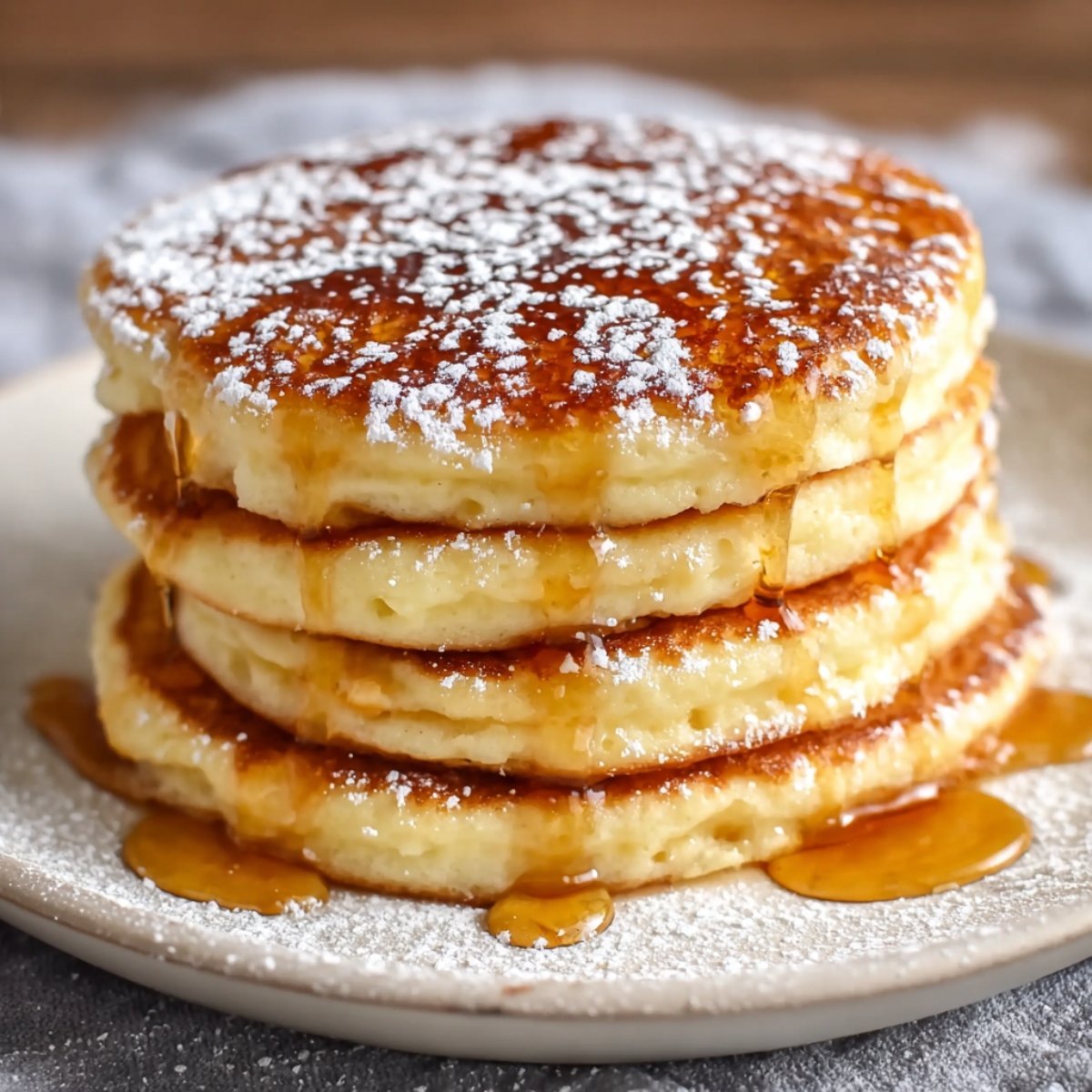 Image of a stack of fluffy Cottage Cheese Pancakes drizzled with syrup.