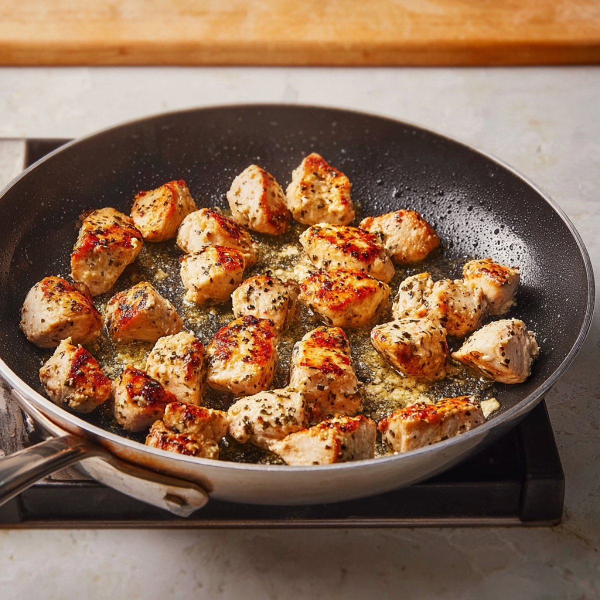 Easy Cowboy Butter Chicken Linguine 10 Chicken pieces cooking in a skillet.