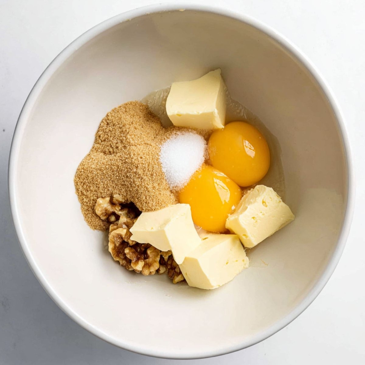 Easy Chocolate Chip Walnut Cookies 10 Butter, sugar, eggs, and walnuts in a mixing bowl.