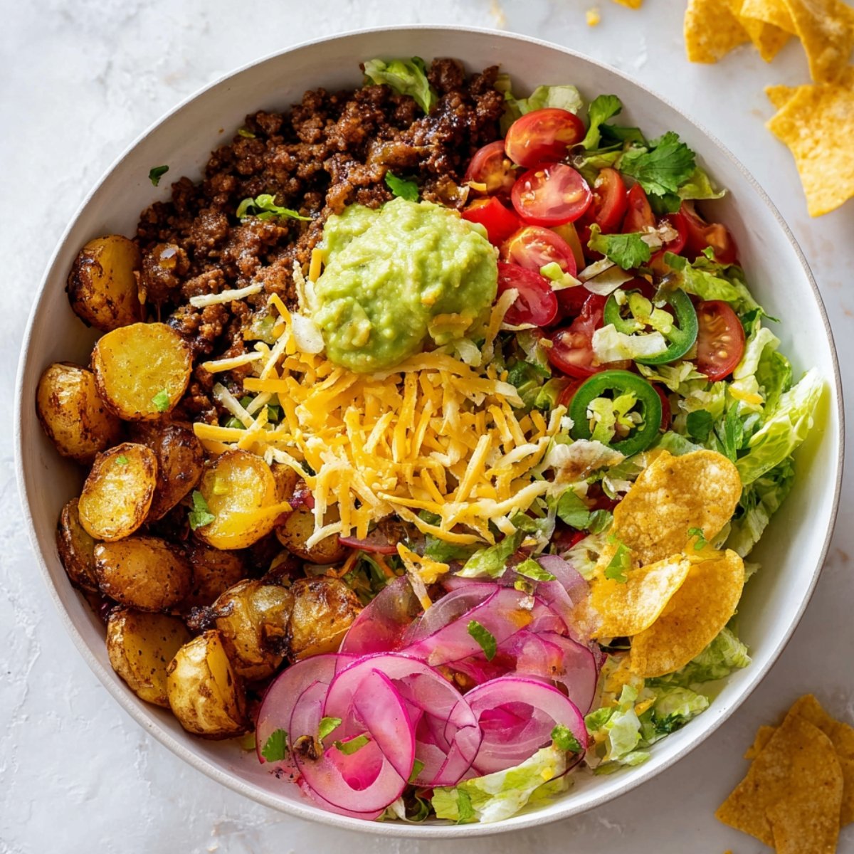 Crispy Potato Taco Bowls with seasoned potatoes, ground beef, guacamole, cheese, tomatoes, jalapeños, and pickled onions.