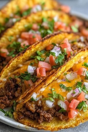 Easy Crispy Ground Beef Tacos 1 Image of Crispy ground beef tacos topped with cheese, tomatoes, onions, and cilantro.