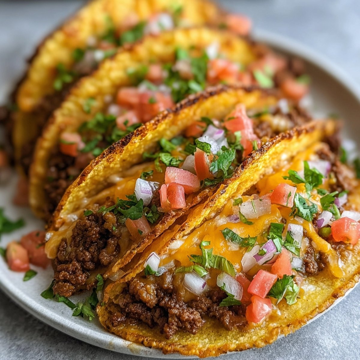 Image of Crispy ground beef tacos topped with cheese, tomatoes, onions, and cilantro.