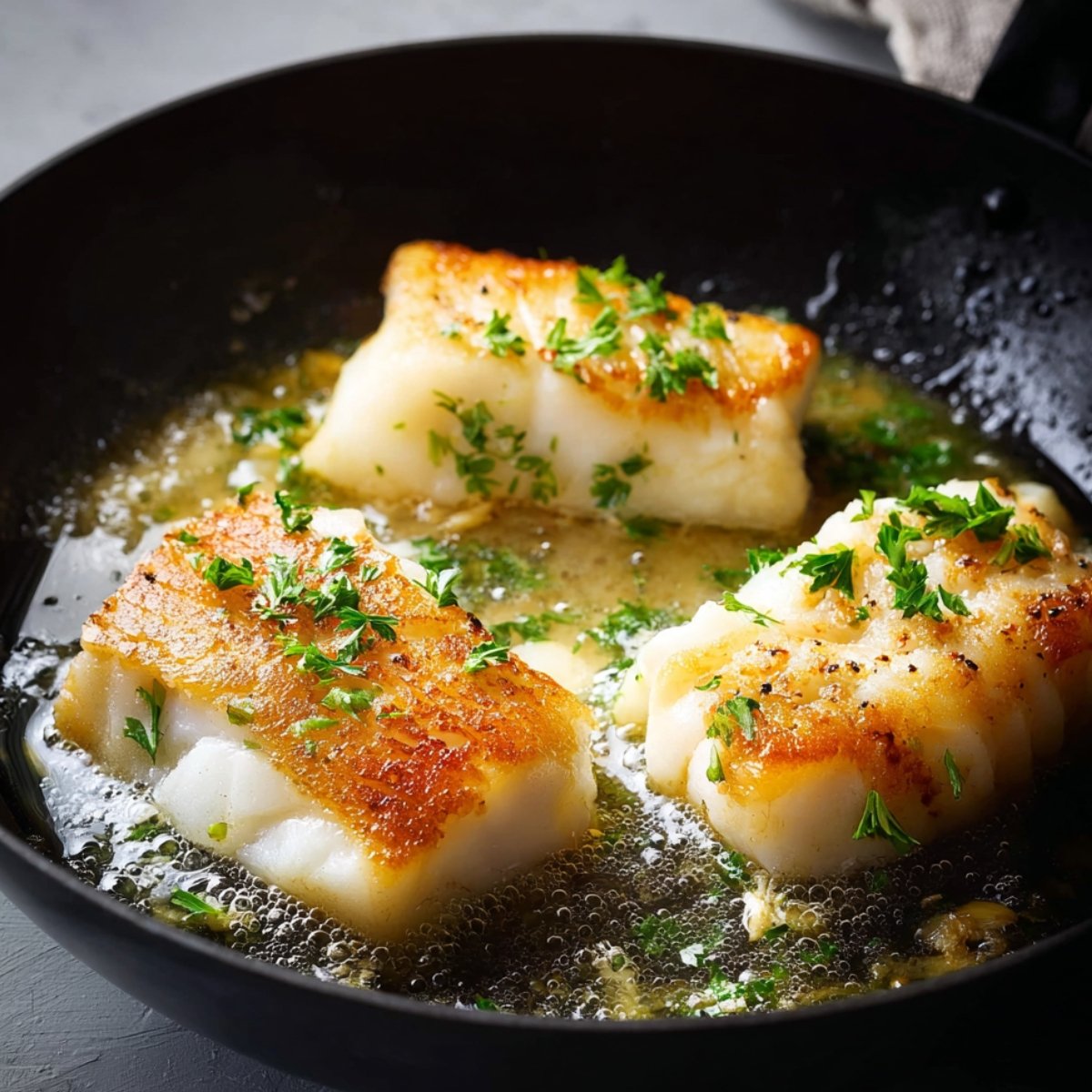 Easy Pan Fried Cod with Lemon Herb Butter Sauce Recipe 11 Cooked cod with lemon herb butter sauce on a plate