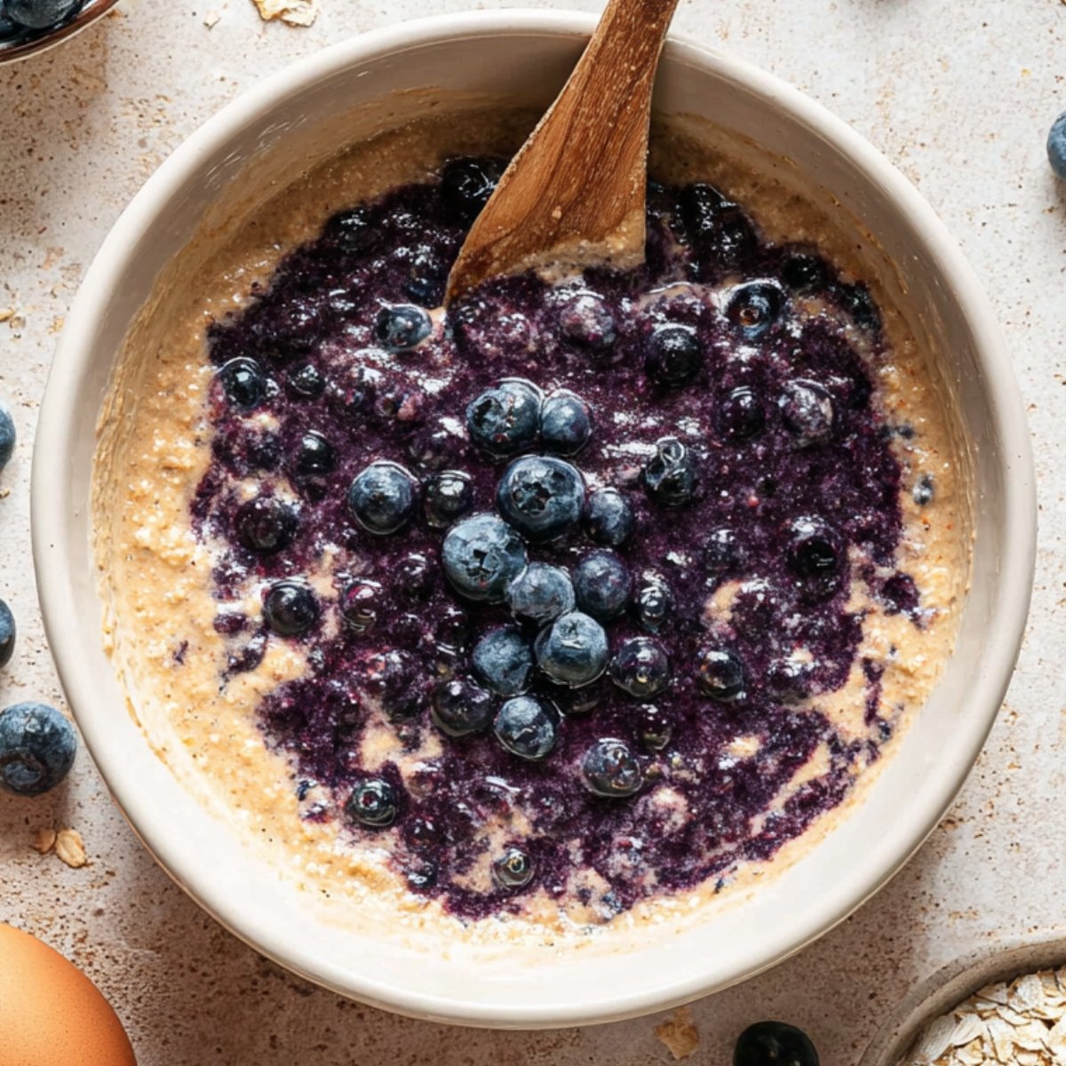 Easy Blueberry Baked Oatmeal 11 Blueberries mixed into oatmeal batter.