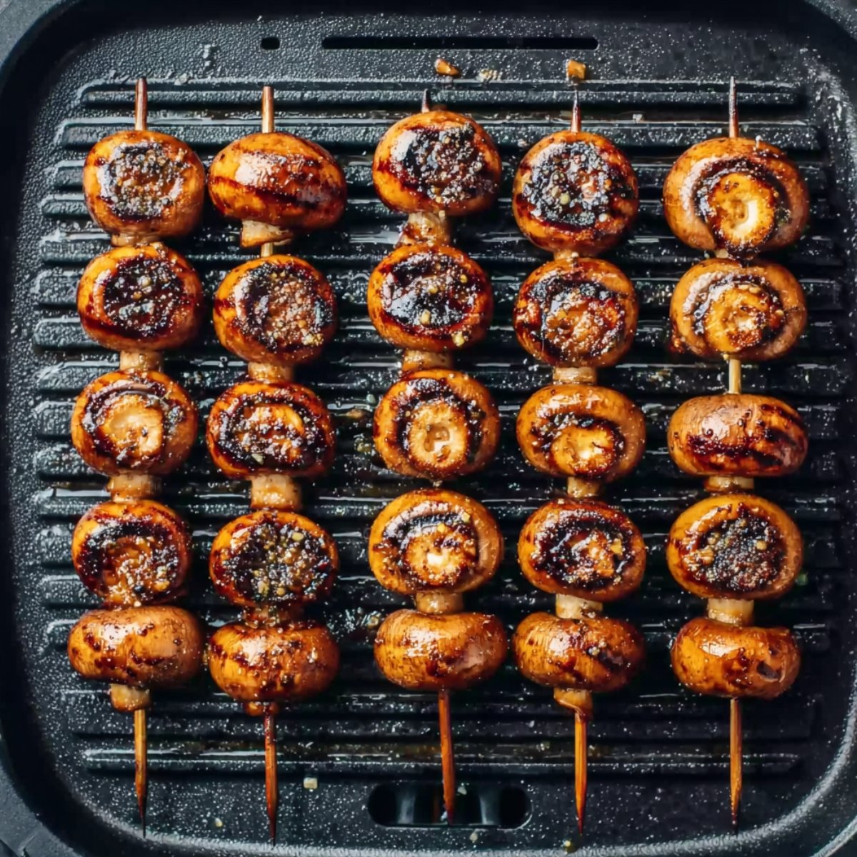 Easy Grilled Mushroom Skewers 11 Mushrooms on skewers grilling on a pan