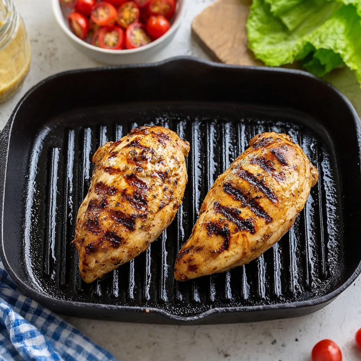 Easy Grilled Chicken Salad Recipe 11 Two grilled chicken breasts on a grill pan.