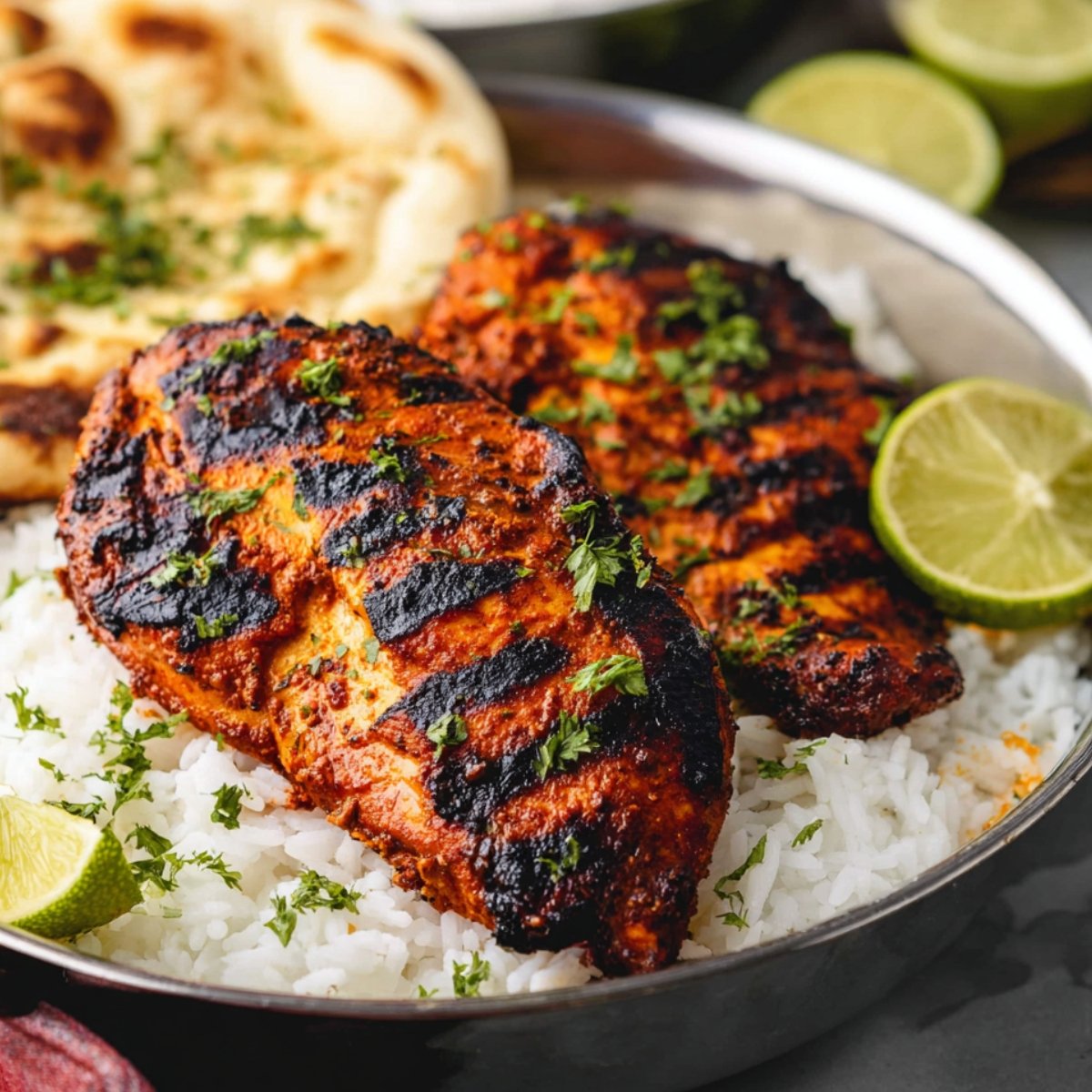Grilled Tandoori Chicken served with rice and garnished with lime.
