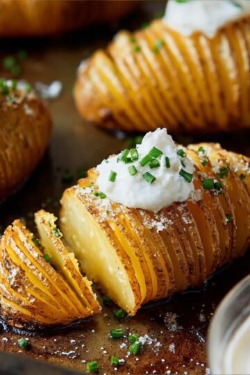 Easy Hasselback Potatoes Recipe 6 Roasted Hasselback potatoes topped with sour cream and chives.