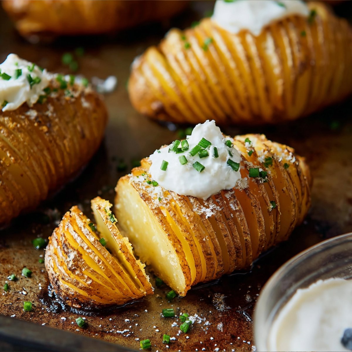 Easy Hasselback Potatoes Recipe 9 Roasted Hasselback potatoes topped with sour cream and chives.