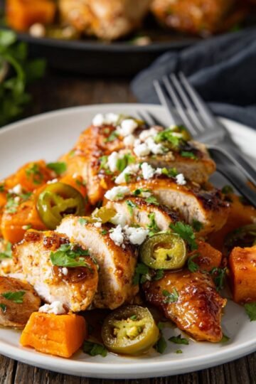 Easy Hot Honey Chicken and Sweet Potatoes 24 Cooked Hot Honey Chicken and Sweet Potatoes plated with jalapeños, crumbled cheese, and fresh herbs.