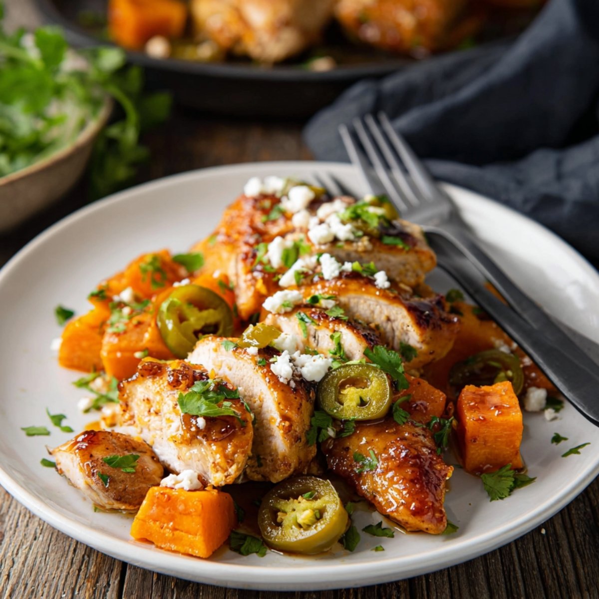 Easy Hot Honey Chicken and Sweet Potatoes 9 Cooked Hot Honey Chicken and Sweet Potatoes plated with jalapeños, crumbled cheese, and fresh herbs.