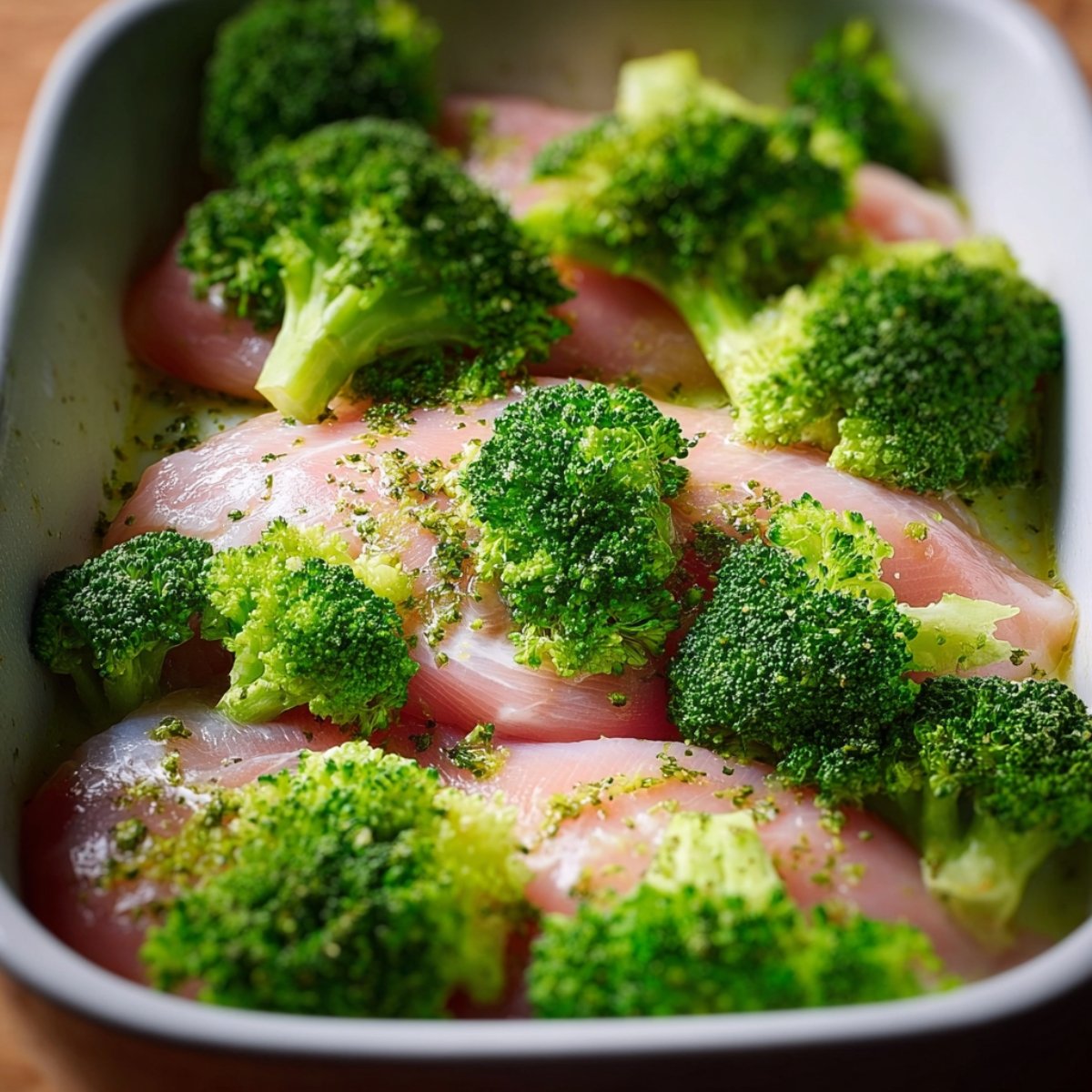 Easy Broccoli Bacon Cheddar Chicken Bake 11 Raw broccoli florets in a baking dish.