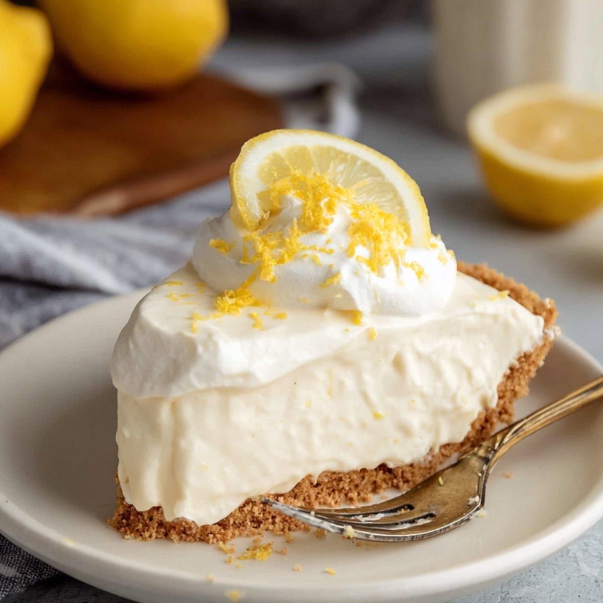 Slice of Lemon Cream Pie with whipped topping and lemon garnish.