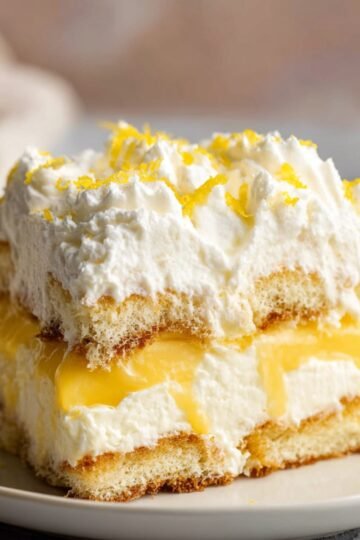 Easy Lemon Tiramisu Recipe 4 Slice of lemon tiramisu with whipped cream and lemon zest.
