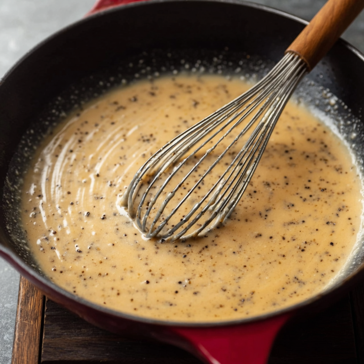 Easy Creamy Garlic Parmesan Chicken 11 Creamy sauce with black pepper being whisked in a pan.