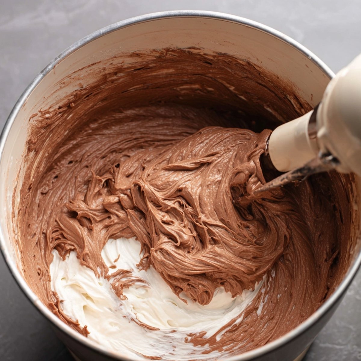 Easy No Bake Nutella Cheesecake Recipe 11 Whipped chocolate mousse filling being mixed in a bowl.