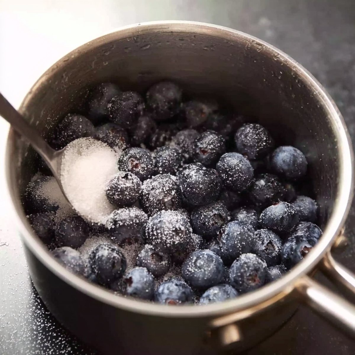 Easy Blueberry Cheesecake Crumble Bars 10 Blueberries and sugar being prepared for the blueberry swirl.
