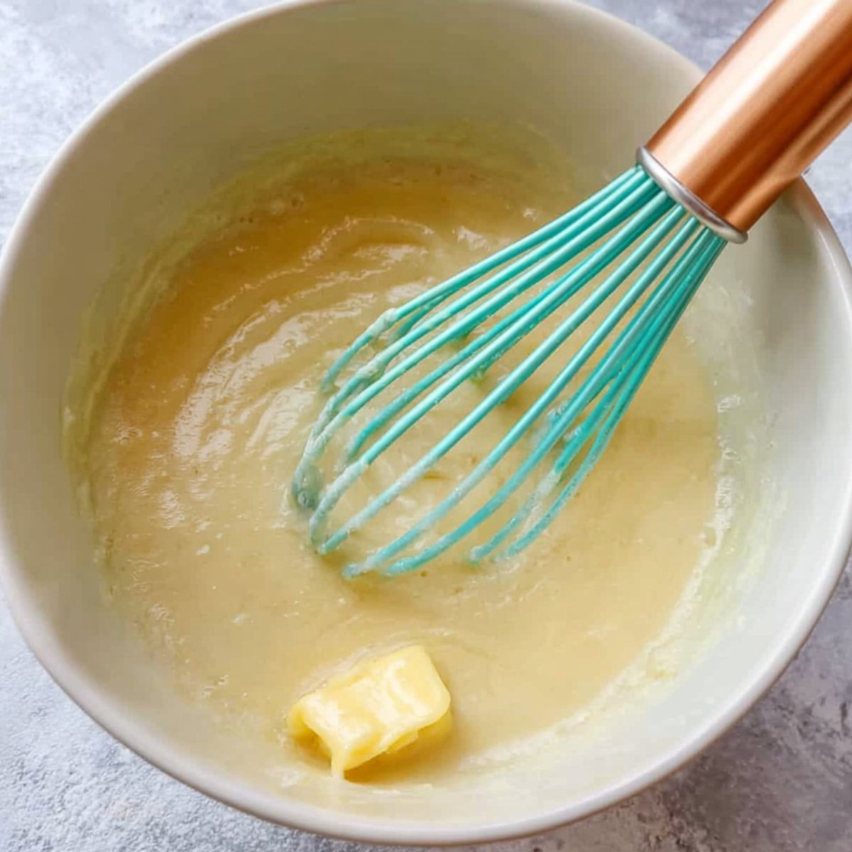 Easy BBQ Chicken Mac and Cheese 11 Whisking creamy cheese sauce in a bowl.