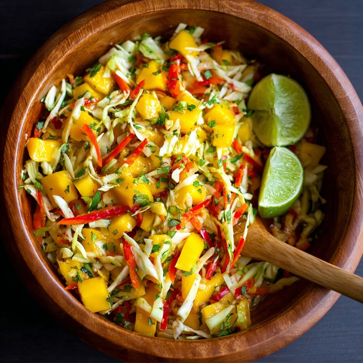 Mango Slaw with shredded cabbage, red chili, and lime wedges in a wooden bowl.