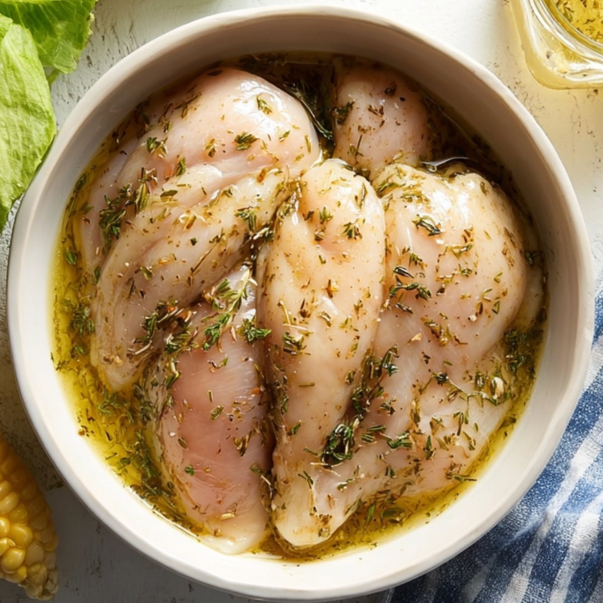 Easy Grilled Chicken Salad Recipe 10 Raw chicken breasts marinating with herbs and oil in a bowl.