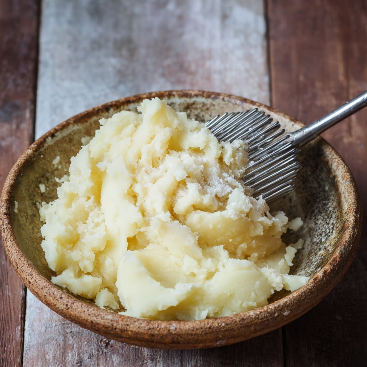 Easy Crispy Potato Cheese Balls Recipe 10 Creamy mashed potatoes being mashed with a potato masher.