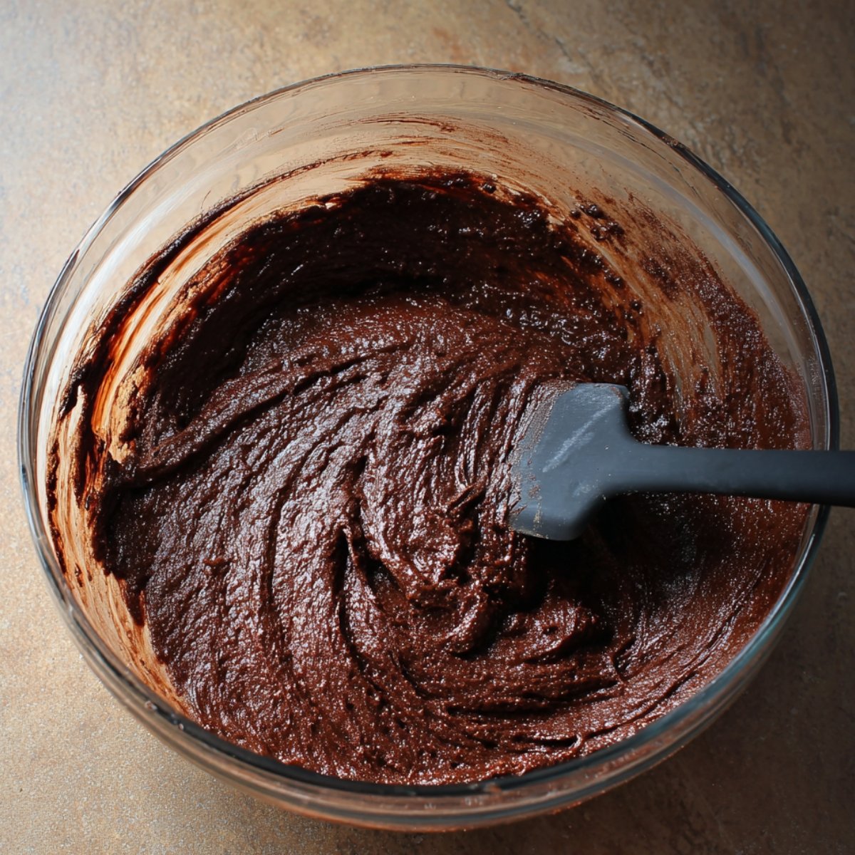 Easy Brownie Muffins Recipe 10 Chocolate batter mixed in a glass bowl with spatula