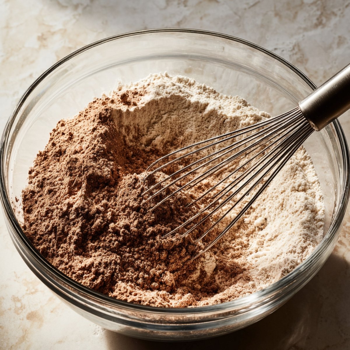 Easy Chewy Red Velvet Chocolate Chip Cookies From Scratch 10 Whisked dry ingredients in a glass bowl for baking.