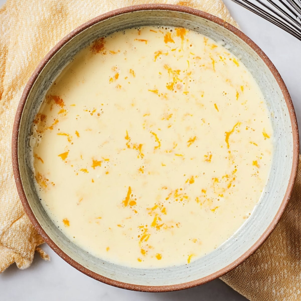 Easy Orange French Toast 10 A bowl of custard with orange zest.