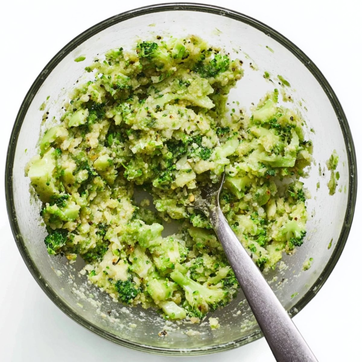 Easy Broccoli Tots Recipe 11 Chopped steamed broccoli mixed with seasonings in a glass bowl.
