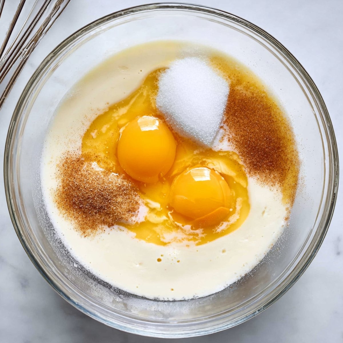 Easy Oat Flour Pancakes 10 Wet ingredients including eggs, milk, and sugar in a bowl.