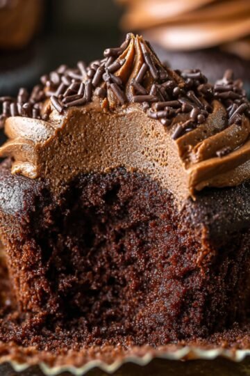 Best Moist Chocolate Cupcakes Recipe 13 Moist Chocolate Cupcakes with chocolate frosting and sprinkles.