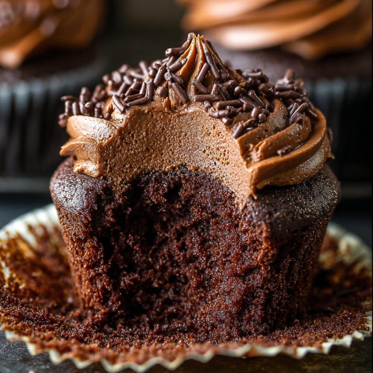 Moist Chocolate Cupcakes with chocolate frosting and sprinkles.