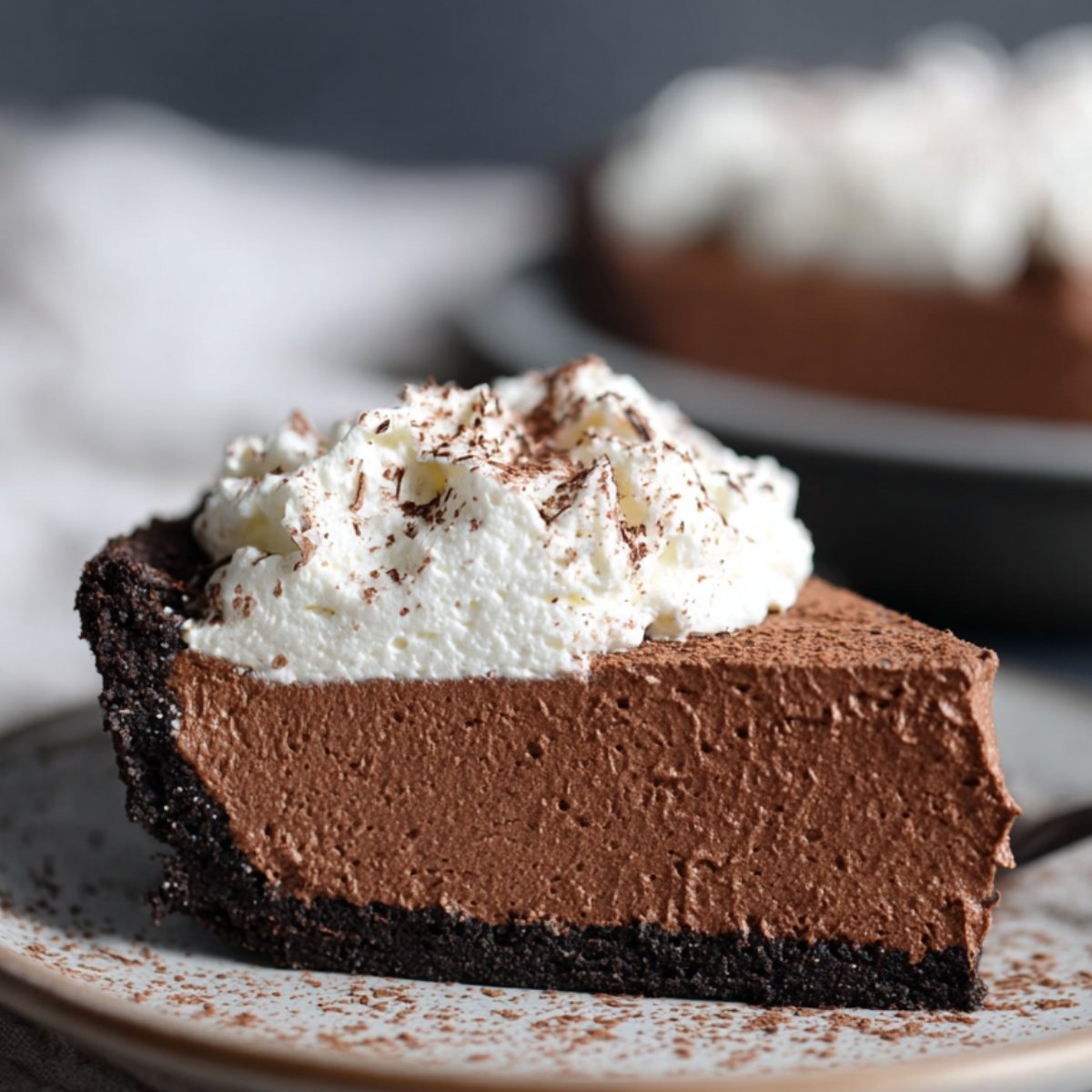 Slice of No Bake Nutella Cheesecake topped with whipped cream and grated chocolate.